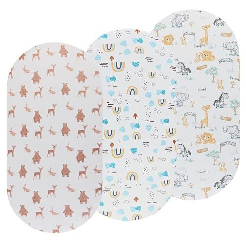 Bassinet Sheets 3 Pack Fitted for Baby Boy and Girl, Stretchy Soft Knitted Baby Sheet Set Universal for Oval Rectangle and Hourglass Bassinet Mattress, Unisex Cute Animal Printing