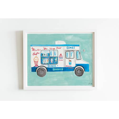 Mr. Softee Ice Cream Truck Wall Art Print - 8x10 Watercolor Gouache Painting - Nursery Decor - Kids Room Art - Illustration - Blue and Pink