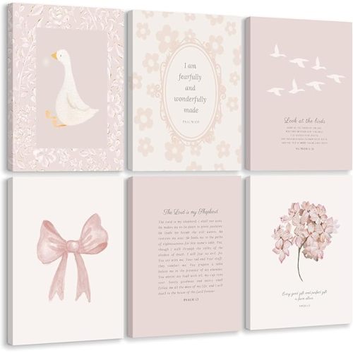Nursery Christian Wall Art Bible Verse Prints Pink Girl Nursery Room Canvas Wall Decor Coquette Bow Poster Jesus Boho Scripture Pictures Vintage Floral Artwork for Bedroom 8x10x6 Inch Wrapped Canvas