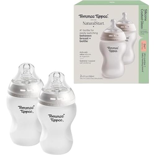 Tommee Tippee Silicone Coated Glass Baby Bottles for Feeding, 9 0z, Anti-Colic, 0+ Months, Slow Flow Breast-Like Nipple, Shatter-Proof Glass, BPA Free, Pack of 2