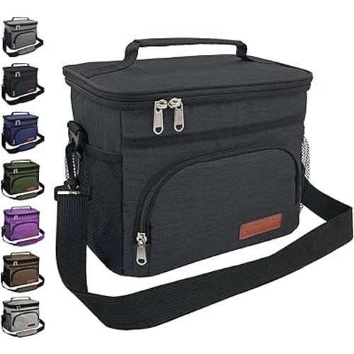 Insulated Lunch Bag for Women/Men - Reusable Lunch Box for Office Picnic Hiking Beach - Leakproof Cooler Tote Bag Organizer with Adjustable Shoulder Strap for Adults - Black
