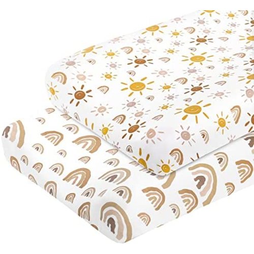 Changing Pad Cover - Babebay Ultra Soft Jersey Knit Cotton Diaper Change Table Pad Covers for Baby Girls and Boys -Stylish Rainbow & Sun Pattern, 2 Pack