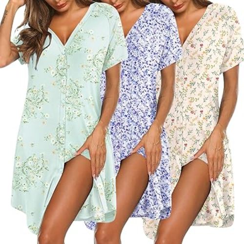 Ekouaer 3 Pack Women's Nightshirt Button Down Nightgown Short Sleeve Sleepshirt V Neck Pajama Dress with Pockets