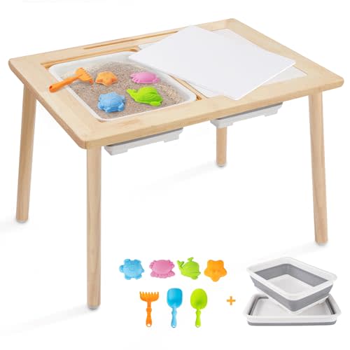 Frogprin Kids Table for Play Study Dining, Upgrade Sensory Table for Toddlers, Indoor Outdoor Play Sand Activity Center, with 2 Large Storage Bins 7 Sand Toys, Birthday for Children