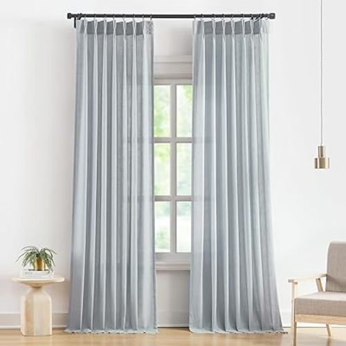 Vision Home Pinch Pleated Semi Sheer Curtains Textured Linen Blended Light Filtering Window Curtains 95 inch for Living Room Bedroom Pinch Pleat Drapes with Hooks 2 Panels 40" Wx95 L,Blue Fog