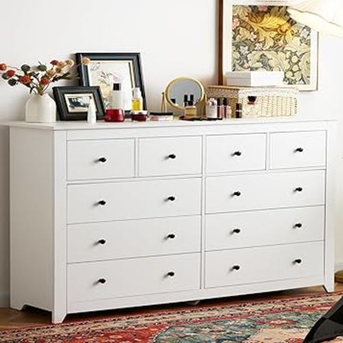 EnHomee White Dresser, Dresser for Bedroom with 10 Drawers Wood Dresser with Smooth Metal Rail, Large Dressers & Chests of Drawers Wide Dresser,52.2W*15.8" D*35.8" H