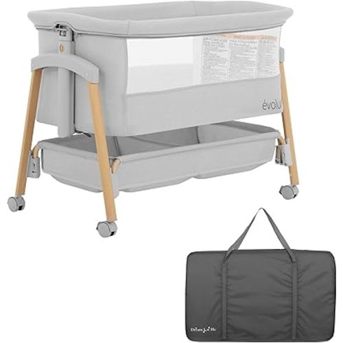 Evolur Lullaby Bedside Bassinet with Wheels, Seven Adjustable Heights, Breathable Mesh Sides Baby Bassinet, Large Storage Basket, Easy to Fold and Carry Travel Bassinet - Travel Bag Included