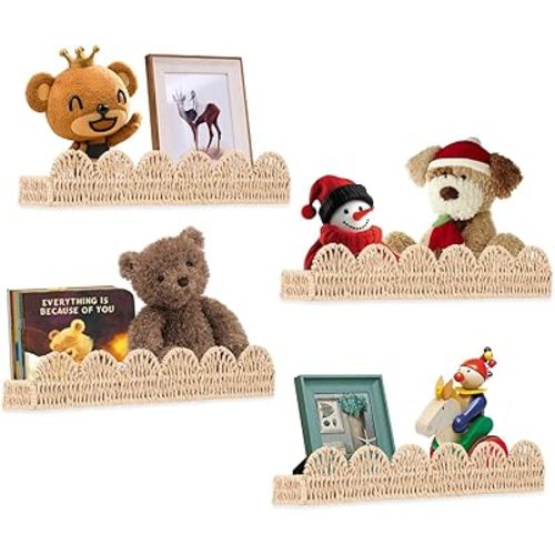 Scalloped Floating Shelves Set of 4, Artisanal Natural Rattan Scalloped Book Shelf, Boho Modern Farmhouse Wall Decor, Woven Straw Paper Display Ledges for Books, Photos & Decorative Accents