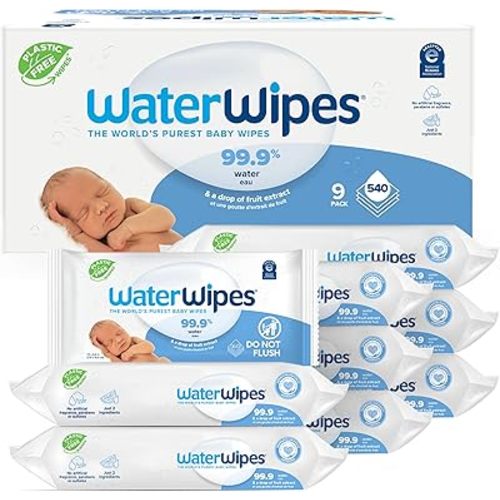 WaterWipes Plastic-Free Original-baby Wipes, 99.9% Water Based Wipes, Unscented & Hypoallergenic for Sensitive Skin, 60 Count (Pack of 9) Total 540 wipes, Packaging May Vary
