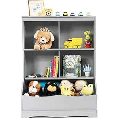 HONEY JOY Kids Toy Storage Organizer with Bookcase, 4-Cubby Organization Storage Cabinet w/Display Shelf,(Gray)