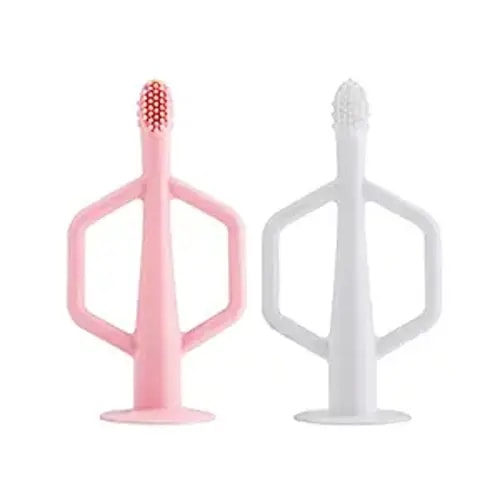 Tiny Twinkle Silicone Training Toothbrush - Flexible Baby Toothbrush with Suction Base, Soft Kids Toothbrushes with Easy Grip Handles, Baby Tooth Brush for Teaching and Learning (Pink Rose, 2-pk)