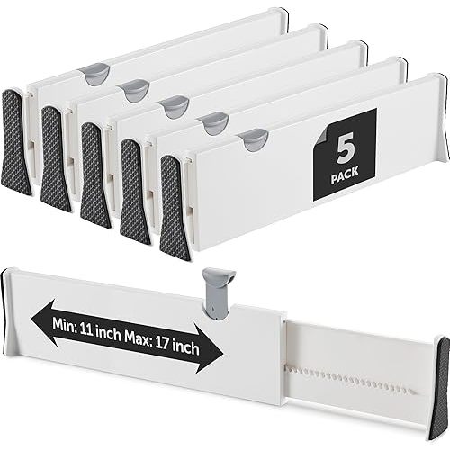 Adjustable Drawer Dividers [Set of 5] Adjustable Length 11" - 17" Drawer Organizers, Locks in Place, Easy-Assemble, Secured, Foam Ends, for Bedroom, Bathroom, Kitchen/Office Organization & Storage