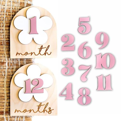 Baby Monthly Milestone Cards Monthly Milestone Discs Newborn Photography Props Baby Announcement Sign Baby Girl Wooden Boho Flower Milestone Card 1-2 Months Interchangeable Milestone (Boho Flower)