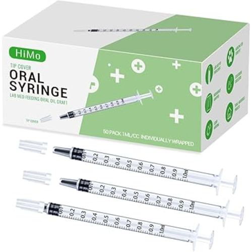 50 Pack 1ml Syringes with caps for Liquid, Oral, Medicine, Colostrum Collector Feeding without Needle, Individually Wrapped