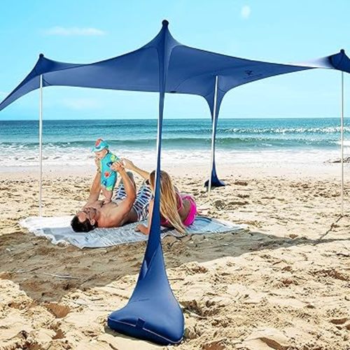 SUN NINJA Beach Tent Shelter with UPF50+ Protection, Includes Sand Shovel, Ground Pegs, Stability Poles, Outdoor Pop Up Shade Canopy for Camping, Fishing, Backyard Fun