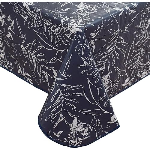 Heavy Duty Vinyl Tablecloth with Flannel Backing Waterproof Oil-Proof Plastic Table Cloth Stain-Resistant Wipeable Rectangle or Square Table Cover for Indoor and Outdoor (Blue Leaf，60x102 Inch)