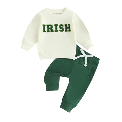 SAYOO Toddler Baby Boy St Patricks Day Outfit Irish Shamrock Embroidery Sweatshirt Top Long Sweatpants 2Pcs Clothes