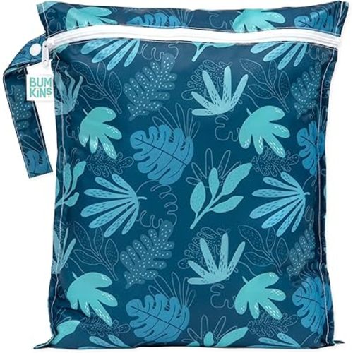 Bumkins Waterproof Wet Bag, Washable, Reusable for Travel, Beach, Pool, Stroller, Diapers, Dirty Gym Clothes, Wet Swimsuits, Toiletries, 12x14 – Blue Tropic