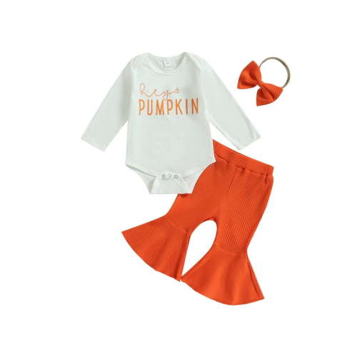 Newborn Baby Girl Halloween Outfits Long Sleeve Romper Tops Pumpkin Bell-Bottom Flare Pants Headband Infant Fall 3Pcs Clothes Set