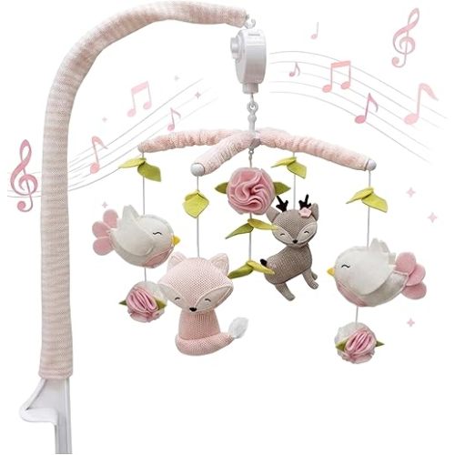 Living Textiles Baby Musical Mobile - Ava Birds | Crib Toy, Knitted Woodland Characters, Nursery Decor, Calming Soother with 12 Lullabies Essential and Perfect Toy for Boys Girls