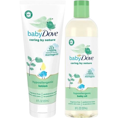 Dove Baby Oil & Baby Lotion, Caring by Nature – Hypoallergenic Oil & Lotion, Nourishing Moringa Oil & Vitamin E Oil for Skin, Fragrance Free, 8 Oz Ea (2 Piece Set)