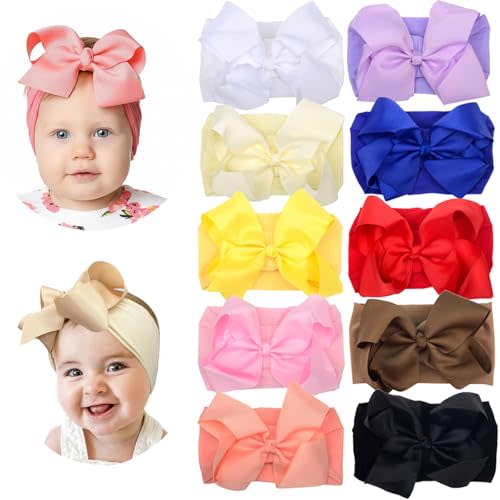 6" Baby Headband Bows, Soft Nylon Hairbands Cute Big Bow Super Elastic Headband for Baby Girls Newborn Infant Toddlers (Black 10Colors)