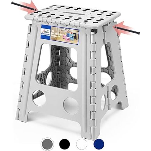 ACKO Folding Step Stool Foldable 16 Inch 400 lbs Capacity, Plastic Stools for Adults and Kids, Collapsible Stools for Kitchen, Stepping Stool with Handle(Grey)