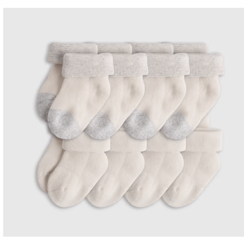Organic Cotton Fold Over Socks 8-Pack - Baby in White/Grey