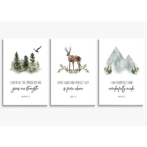 Christian Canvas Wall Art, Set of 3 Prints, Bible Verse Quotes Poster for Inspirational Nursery Decor, Christian Nursery Wall Decor, Nature Forest Woodland Nursery Art, Framed 12"x16"x3