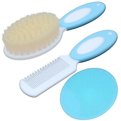 Baby Hair Brush &Silicone Baby Cradle Cap Brush Set, for Newborns & Toddlers-Natural Soft Goat Bristles-Ideal for Cradle Cap-Perfect Baby Registry Gift (Blue)