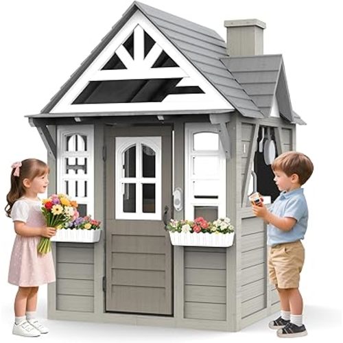 Kids Outdoor Playhouse,Cedar Gray Wooden Play House for Kids Ages 3-8, with Play Kitchen, Interactive Doorbell, Toy Phone, Sink, Flowerpot