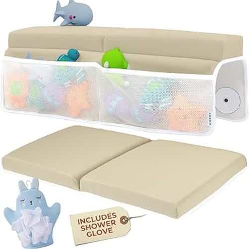 Comfortable Baby Bath Kneeler and Elbow Rest Pad Set with Blue Cloth Glove - Thick, Non-Slip, Memory Foam Kneeling Pad for Bathing Baby with Toy Storage Pockets - Easy Clean and Durable - Beige