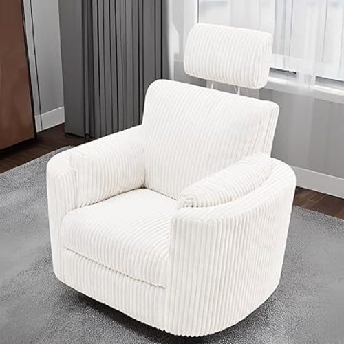 Zenosyne Power Swivel Recliner Rocking Chair Nursery Glider Rocker with Headrest, USB and Type-c Port, Corduroy Electric Reclining Sofa Chair Arm Chair for Living Room (White)