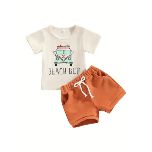 Toddler Baby Boy Clothes Beach Clothes Short Sleeve Bus Print T-Shirt + Pocket Shorts Set Summert Casual Outfis