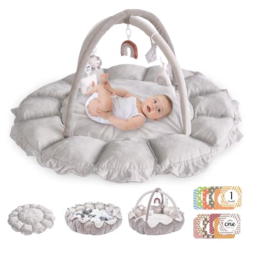 5-in-1 Convertible Baby Play Gym with 6 Toys, Tummy Time Mat for Sensory Development, Baby Activity Center from Newborn to Toddler, Ball Pit, Cat & Dog Bed, Soft Plush Pet Bed, No Ball Included