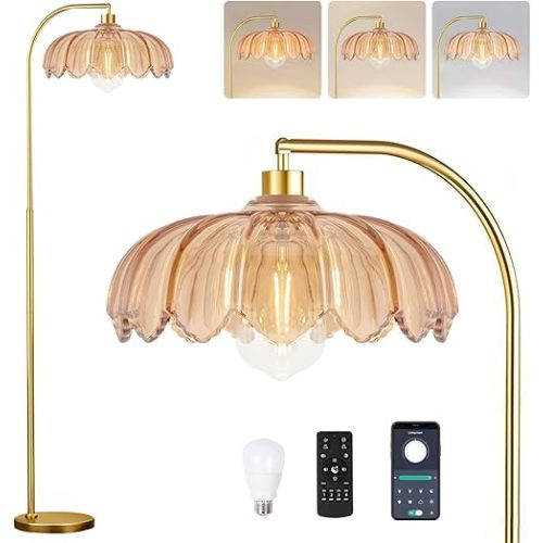 Gold Floor Lamp for Living Room,Bedroom,Mid Century Modern Standing Lamp with Remote,Dimmable Brass Tall Lamp Amber Glass Lamp Vintage Retro Arc Floor Lamps Flower Floor Light Boho Bohemian