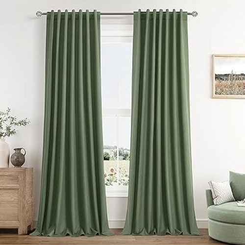 Guken Olive Green Blackout Curtains 90 Inch Length 2 Panels Set for Living Room Bedroom Back Tab Thermal Insulated 100% Black Out Linen Drapes Room Darkening Window Curtains 90 Inches Long