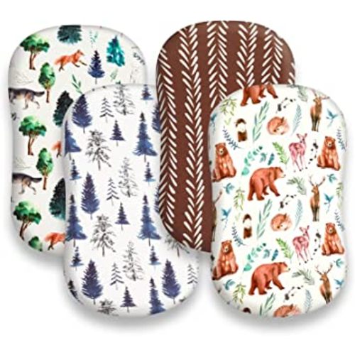 4 Pack Bassinet Sheets Woodland Forest Animals Wood Neutral Unisex Fitted Baby Bassinet Sheets Set for Standard Bassinets for Baby Boys or Girls