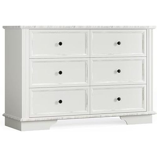 VINGLI White Dresser 6 Drawer, 47" Long Dresser for Bedroom, Chest of Drawers, French Vintage White Dressers Wood for Living Room, Hallway, 47.24" W*15.75D*31.5" H