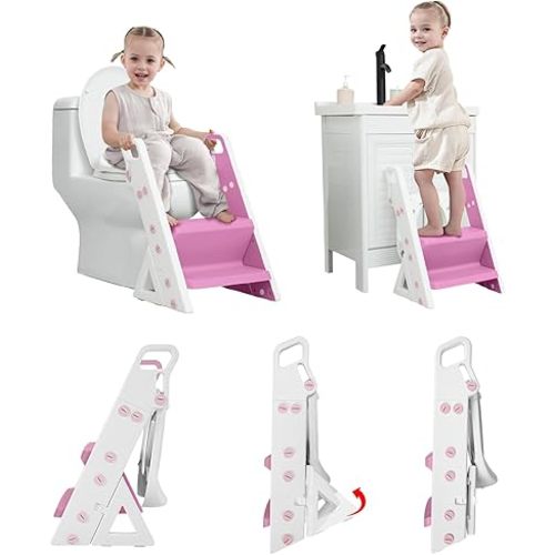 Primlect Potty Training Seat, Upgrade Foldable Step Stool for Bathroom, Toddler Toilet Attachment, Adjustable Height, Handles on Top of the Ladder, Easy to Carry and Climb, Boys and Girls 1-3 (Purple)