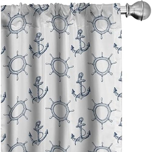 Lunarable Ships Wheel Curtains, Anchors and Steering Wheels Pattern Pirates Sailors Marine Themed Print, Window Treatments 2 Panel Set for Living Room Bedroom, Pair of - 28" x 63", Night Blue
