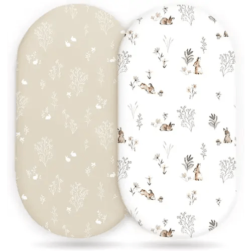 GRSSDER Stretch Ultra Soft Fitted Bassinet Sheet Set 2 Pack, Universal Fit for Bassinets Baby Cradle Moses Basket Oval Rectangle Mattress Safe and Snug, Stylish Watercolor Rabbit Pattern
