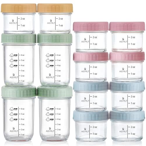 ACEPRUT 14 Pack Glass Baby Food Storage Containers, 4oz&8oz Baby Food Jars with Lids, Baby Food Maker, Baby Feeding Essentials, Leak-Proof, BPA Free, Microwave, Dishwasher & Freezer Safe