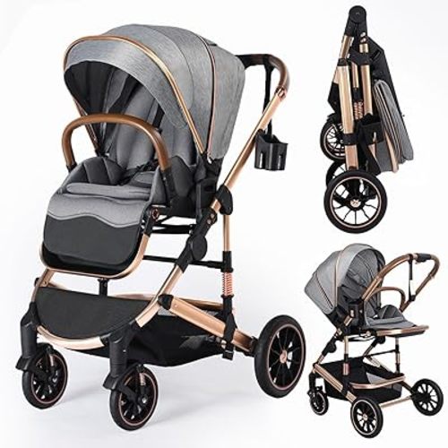 Kinder King Convertible Baby Stroller for Infant and Newborn, Foldable High Landscape Infant Carriage with Reversible Seat, Large Canopy, 5-Point Strap Anti-Shock Toddler Pushchair Stroller, Dark Grey