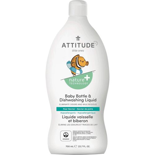 ATTITUDE Baby Dish Soap and Bottle Cleaner, EWG Verified Dishwashing Liquid, No Added Dyes or Fragrances, Tough on Milk Residue and Grease, Vegan, Pear Nectar, 23.7 Fl Oz