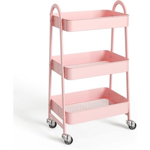 3-Tier Metal Rolling Utility Cart, Small Rolling Cart Kitchen Trolley Bathroom Laundry Room Bar Office Shelves Storage Organizer Shelving Unit with Caster Wheels for Narrow Places, Pink