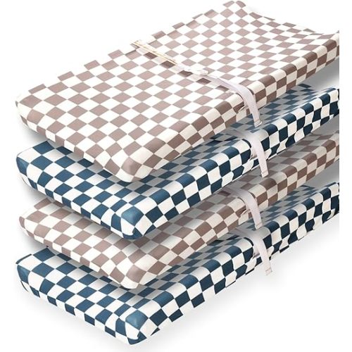 4 Pack Checkered Changing Pad Covers Neutral Breathable Fitted Baby Sheets Nursery Sheets for Baby Boys or Girls (Changing Pad Cover)