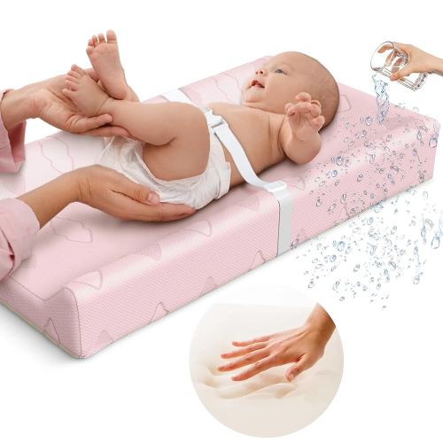 Sleepah Matelas à langer profilé en coton imperméable pour commode – Housse respirante et lavable – Matelas à langer à trois côtés avec mousse certifiée Certipur (rose)
