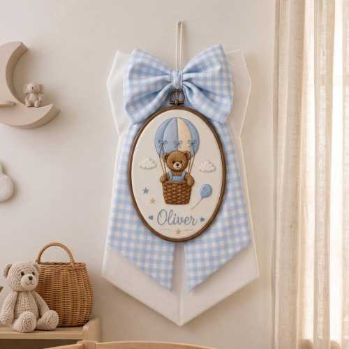 Teddy Bear Balloon Embroidered Hoop Set, Personalized Baby Name Bow Sash, Newborn Hospital Gifts Decor, Custom Name Nursery Decor,Name Signs