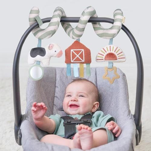Itzy Ritzy Spiral Car Seat & Stroller Activity Toy - Stroller & Car Seat Toys for Ages 0 Months and Up - Hanging Toys Include Dangling Ring, Mirror and Textured Ribbons (Farm)